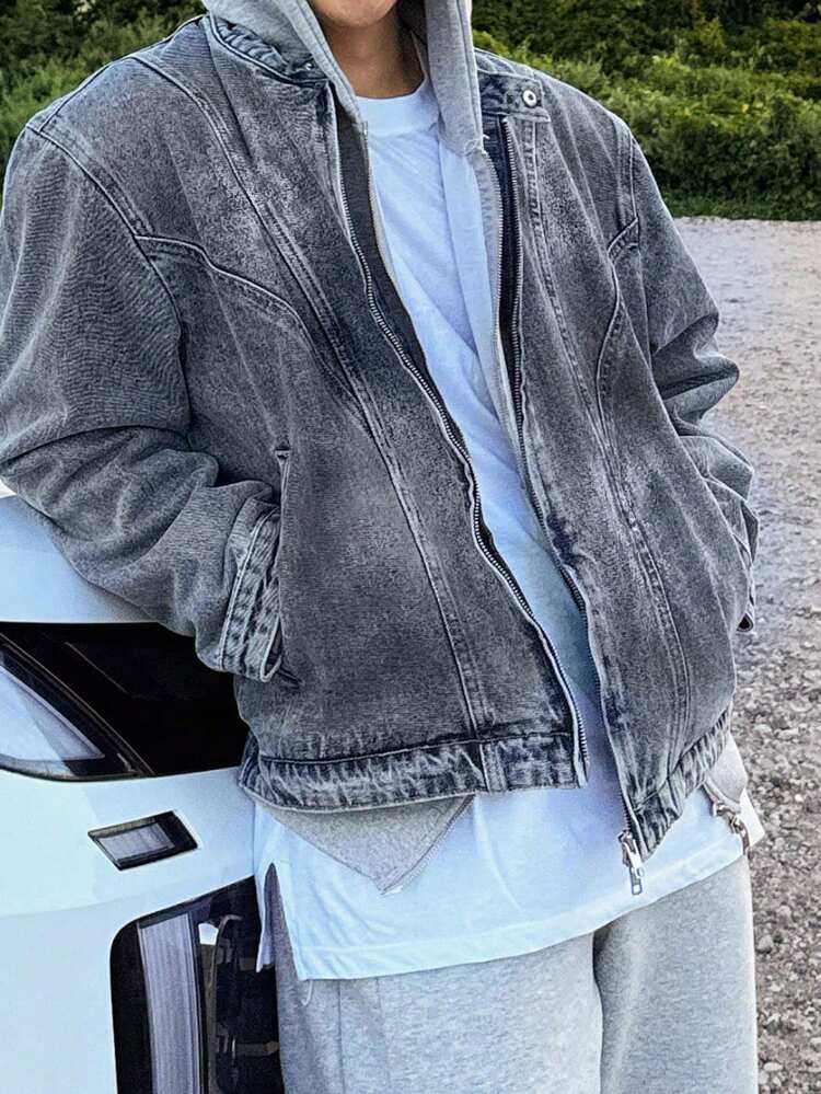 Short Washed Blue Denim Jacket For Men, Spring/Autumn