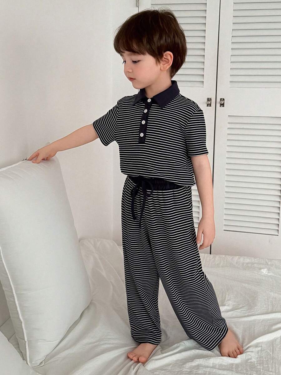 DAZY 男童条纹印花短袖上衣和裤子睡衣套装 - 藏蓝色 - 查看 1