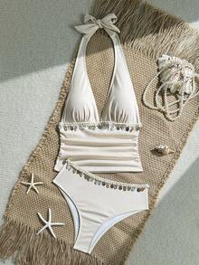 Swim Chiccia 2pcs Elegant Solid Color Ribbed Halter Neck Swimwear Top And High Waist Bikini Bottom Set - Multicolor - View 6