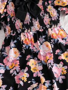 Sparklyn Girls' Allover Print Romper With Square Neck And Puff Sleeves, Summer Vacation Style - Black - View 4