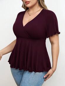 SHEIN Privé Plus Size Deep V-Neck Ribbed Knit A-Line Waist T-Shirt, Summer Tops Plus Size Tops - Rose Red - View 5