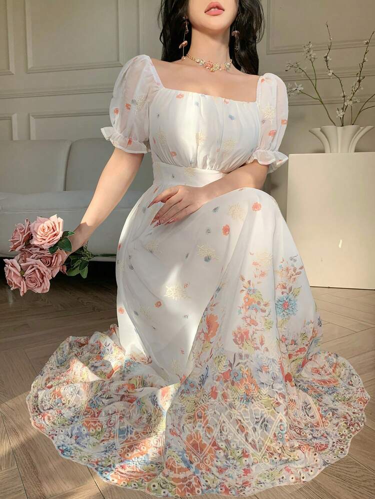 Women's Square Neck Short Sleeve Floral Print Dress, Elegant Resort Style Maxi Dress Sundress Boho