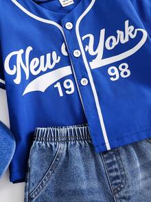 SHEIN 2件套男女宝宝休闲时尚蓝色短袖衬衫和牛仔短裤套装，春夏宝宝服装，套装，街头服饰 - 寶藍色 - 查看 5