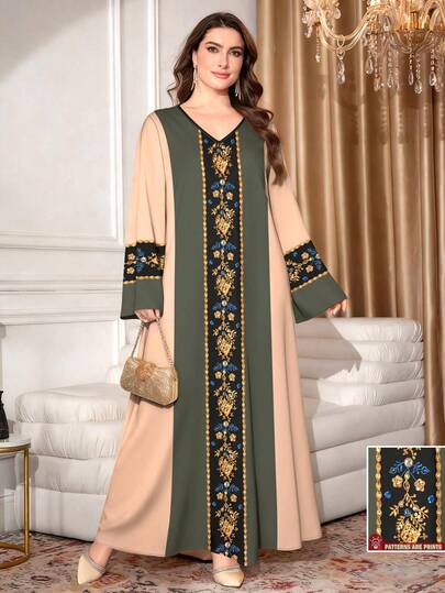 SHEIN Najma Plus Size Women's Geometric Faux Diamond Print V-Neck Long Sleeve Elegant Arabic Maxi Dress, Spring/Summer