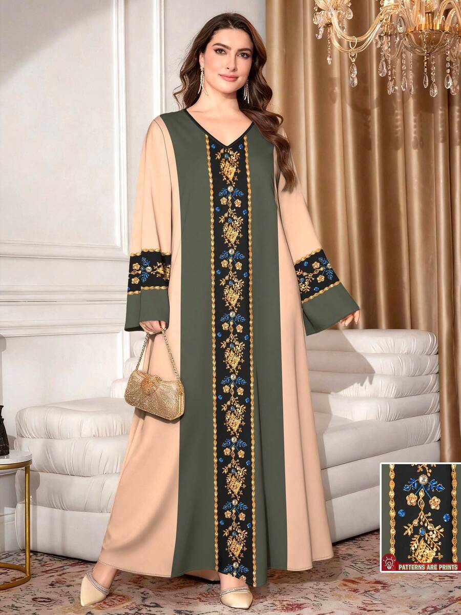 SHEIN Najma Đầm maxi dài tay cổ chữ V in họa tiết hình học giả kim cương dành cho nữ cỡ lớn, kiểu dáng thanh lịch, phong cách Ả Rập, thích hợp cho mùa xuân/hè. - Nhiều màu - Xem 1