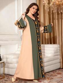 SHEIN Najma Đầm maxi dài tay cổ chữ V in họa tiết hình học giả kim cương dành cho nữ cỡ lớn, kiểu dáng thanh lịch, phong cách Ả Rập, thích hợp cho mùa xuân/hè. - Nhiều màu - Xem 6