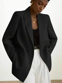 Aveloria Modichic Women's Business Style Solid Color Double-Breasted Blazer Jacket For Commuting, Autumn  - Black - View 2