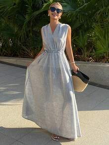 DAZY Đầm không tay cổ yếm, màu trơn, dáng rộng, thắt eo, kiểu dáng thường ngày, thích hợp mặc đi nghỉ dưỡng cho nữ, kiểu đầm mùa xuân/hè. - Xám - Xem 4