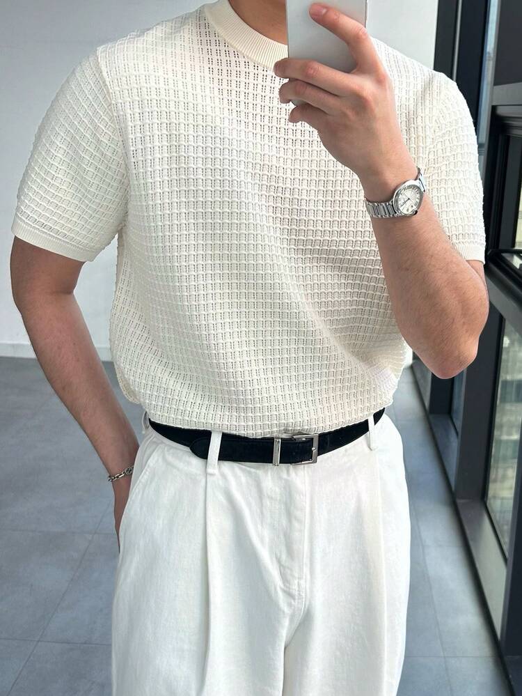 Men's Casual Solid Beige Commuter T-Shirt, Summer