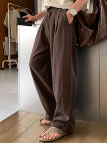 DAZY 男士纯棕色弹力腰长裤，春夏款 - 棕色 - 查看 3