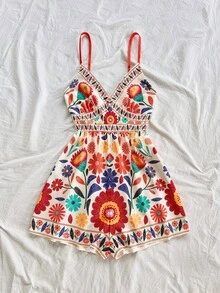 SHEIN PETITE CURVE 大码彩色无袖复古风连体裤 - 彩色 - 查看 4