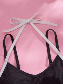 Eraneu Contrast Rib Knit Elegant & Comfortable Camisole Bra Lingerie - Black - View 8