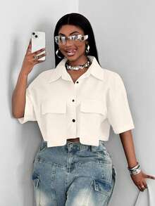 Maweii Plus Size Women Solid Color Short Pocket Front Shirt - Apricot - View 1