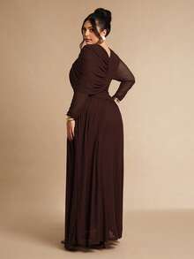 SHEIN BAE Đầm dài tay dệt kim lưới bất đối xứng màu nâu cà phê dành cho nữ cỡ lớn - Cà phê nâu - Xem 2
