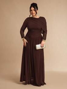 SHEIN BAE Đầm dài tay dệt kim lưới bất đối xứng màu nâu cà phê dành cho nữ cỡ lớn - Cà phê nâu - Xem 6