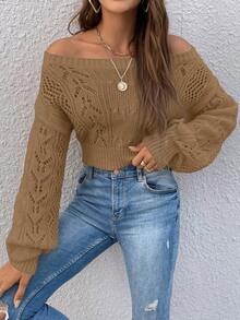 Almamuse Suéter corto de mujer con hombros descubiertos y mangas largas caídas - Camel - Ver 6