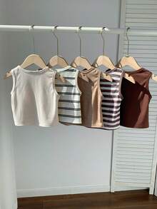 SHEIN 5件套男女宝宝夏季可爱百搭针织条纹背心，多色百搭背心套装 - 彩色 - 查看 2