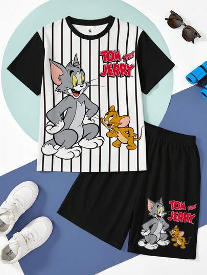 TOM & JERRY X SHEIN Tween Boy – Set med randigt och tecknat tryck, färgblock och rund hals – kortärmad t-shirt och shorts