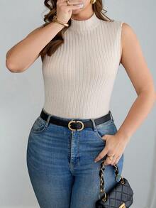 SHEIN Tall CURVE 2件装加大码女式纯色休闲罗纹高领背心，夏季女装，情人节、毕业典礼、母亲节礼物，适合高挑丰满女性，休闲女装，女士正装 - 彩色 - 查看 7