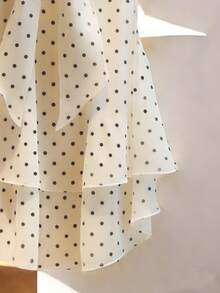 GlowEve Women's Polka Dot Print Tie Collar Ruffle Hem Sleeveless Blouse - Apricot - View 3