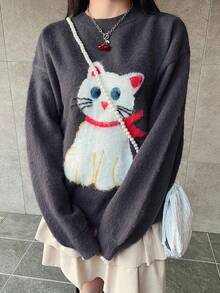 FRIFUL Áo len nữ màu trơn cổ tròn vai rớt tay dài họa tiết mèo móc len, dáng rộng thoải mái, đa năng, thích hợp cho mùa thu/đông. - Màu xám đen - Xem 5