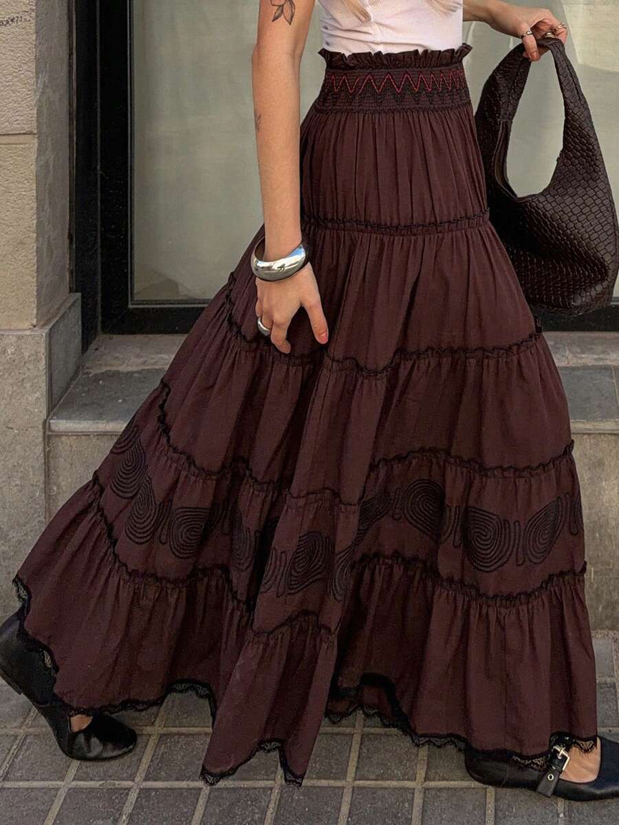 Livesso Cotton Pleated Skirt For Women - Coffee Brown - View 1