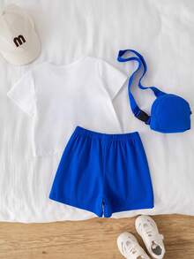 SHEIN 3pcs/Set Baby Boy Baby Boy Casual Cute White T-Shirt Knit Top, Navy Blue Crossbody Bag And Shorts Set, Spring/Summer - Royal Blue - View 2