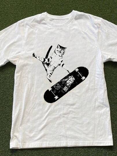 Manfinity Dauomo Men's Casual Graphic T-Shirt, Summer New Design With Cat, Animal, Skateboard Patterns, Outdoor, Dating, Relaxed Fit Round Neck Tee