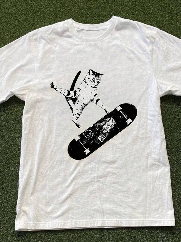 Men's Casual Graphic T-Shirt, Summer New Design With Cat, Animal, Skateboard Patterns, Outdoor, Dating, Relaxed Fit Round Neck Tee