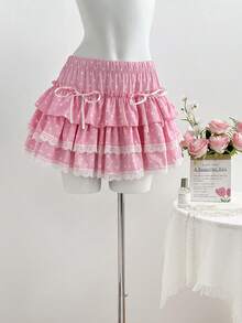 Elamini 1件黑白波点印花低腰蝴蝶结蕾丝荷叶边休闲派对可爱女士迷你裙 - 粉色 - 查看 3