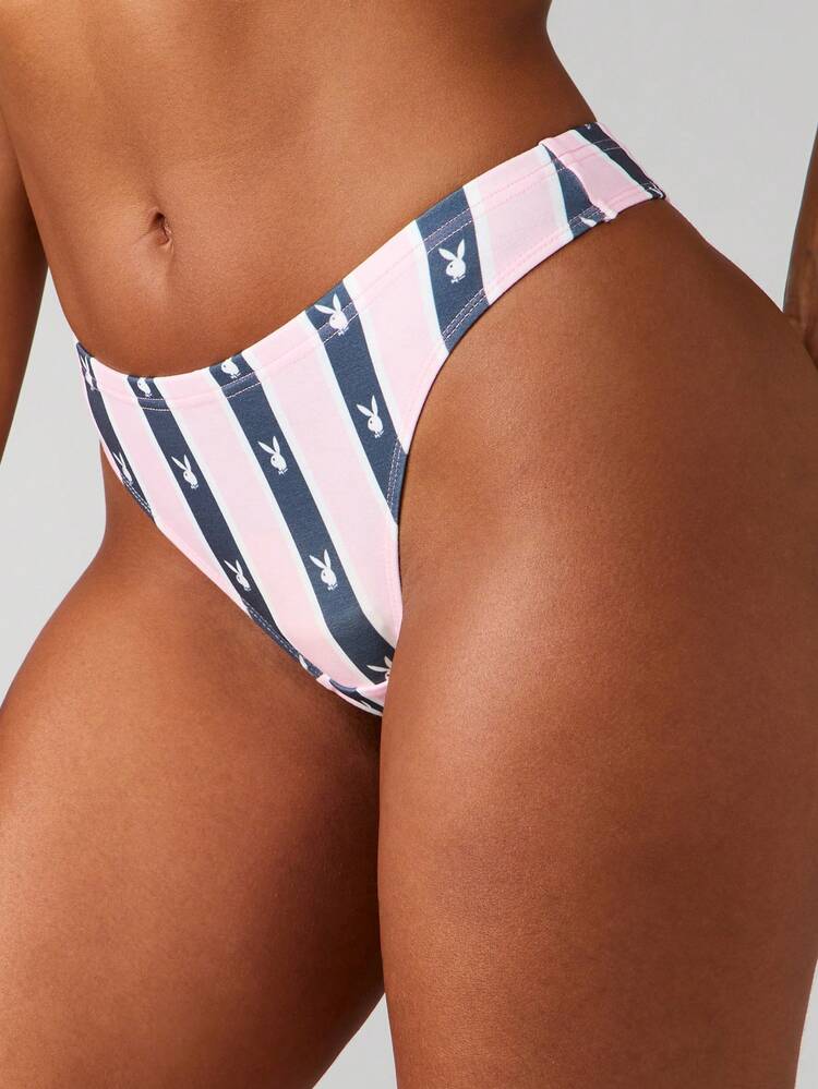 Missguided x Playboy Horizontal Striped Thong With Bunny Logo Print Comfortable String Bikini Underwear For Daily Wear And Summer Beach