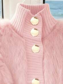 GlowEve 女士立领仿毛皮单排扣马甲，时尚百搭的秋冬休闲外套 - 粉色 - 查看 3