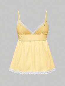 ROMWE Women Contrast Lace Camisole And Shorts Casual Pajama Set - Yellow - View 6