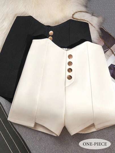 Franclia 不对称高腰显瘦纽扣装饰杏色女士短裤