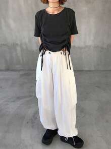 FRIFUL 女士圆领抽绳下摆纹理面料装饰短袖T恤 - 黑色 - 查看 2