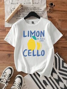 Attitoon 休闲简约风格度假风柠檬字母印花圆领短袖修身女式T恤，适合夏季穿着 - 白色 - 查看 3
