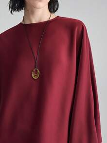 Ontre 夏季新款复古红色圆领插肩袖蝙蝠袖宽松上衣，修身百搭，适合夏季穿着 - 中紫紅色 - 查看 6