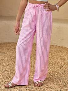 Tween Girls' Casual Striped Textured Pink Pants, Suitable For School, Daily Wear And Vacation - Pink - View 1