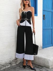 EMERY ROSE 二合一编织抹胸上衣 + 直筒七分裤 - 藍色 - 查看 1