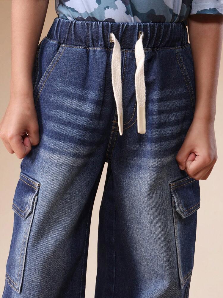 Wide Leg Cargo Denim Jeans With Drawstring