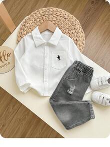 SHEIN 2pcs Toddler Boys Denim Look White Shirt And Grey Jeans Set - Grey - View 7