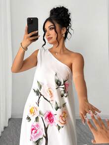 Elenzga 大码女式宽松印花无袖不对称肩部优雅连衣裙 - 米色 - 查看 8