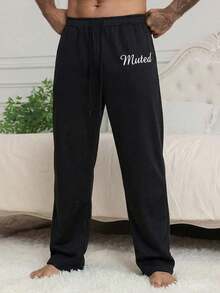 DAZY Men's Spring Letter Print Elastic Waist Long Lounge Pants - Black - View 5