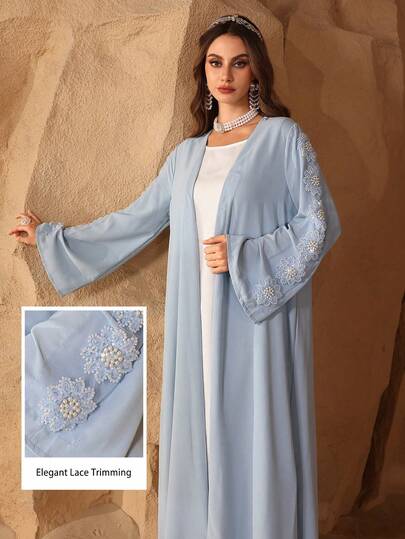 Al Najma Women's Elegant Long Sleeve Faux Pearl Flower Decorated Abaya