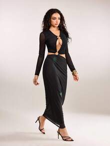 plantica Casual Sexy Urban Chic Minimalist Floral Hollow-Out Long Sleeve Bodycon Metal Button Dress, Suitable For Outings, Travel, Dates, Parties, Holidays, Valentine's Day, Spring/Summer,Going Out,Sexy, Elegant,, Wedding Guest, Music Festival, Musician, Night Club - Multicolor - View 5