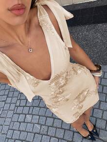 Siren Gaze Women's V-Neck Jacquard Knot Shoulder Design Elegant Waist Cinched Mini Party Dress,Summer Dresses For Women - Khaki - View 4