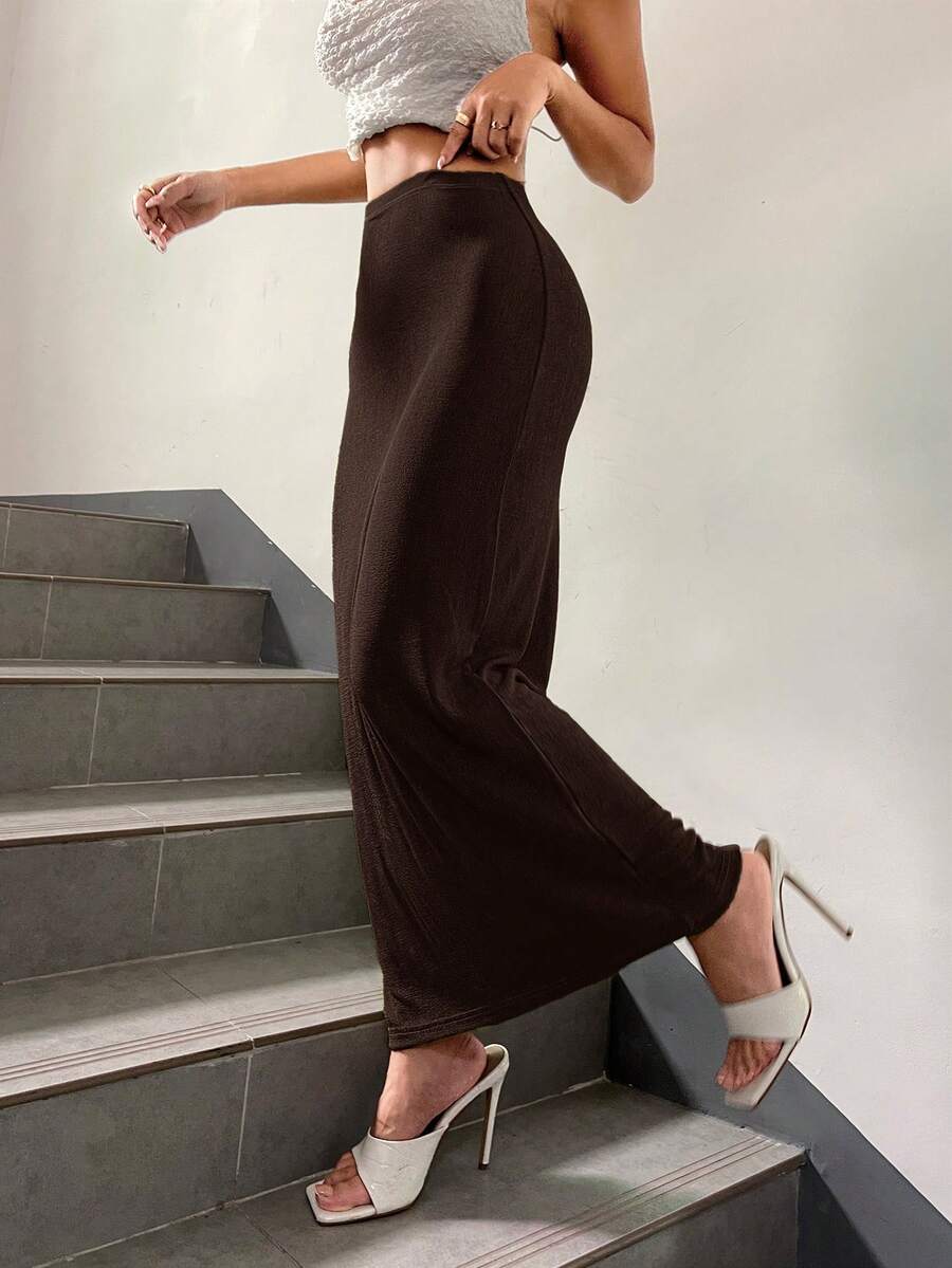 SHEIN Essnce 女士纯色高腰修身直筒裙 - 棕色 - 查看 1