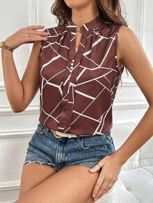 SHEIN Essnce Women's Geometric Print V-Neck Sleeveless Casual Shirt - Brown - View 3