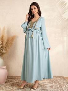 SHEIN Vestido de maternidad elegante de unicolor con parches de encaje y mangas con brillo - Azul - Ver 6