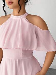 Elenzga Pink Woven Fabric Halter Neck Cold Shoulder Flared Long Dress With Zipper Details - Pink - View 9